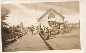 East Waterboro ME Busy Scene Railroad Station Train Depot, Real Photo Postcard