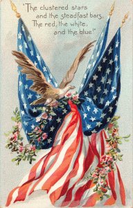 US Patriotic Flags Rose Garland Eagle embossed postcard B986