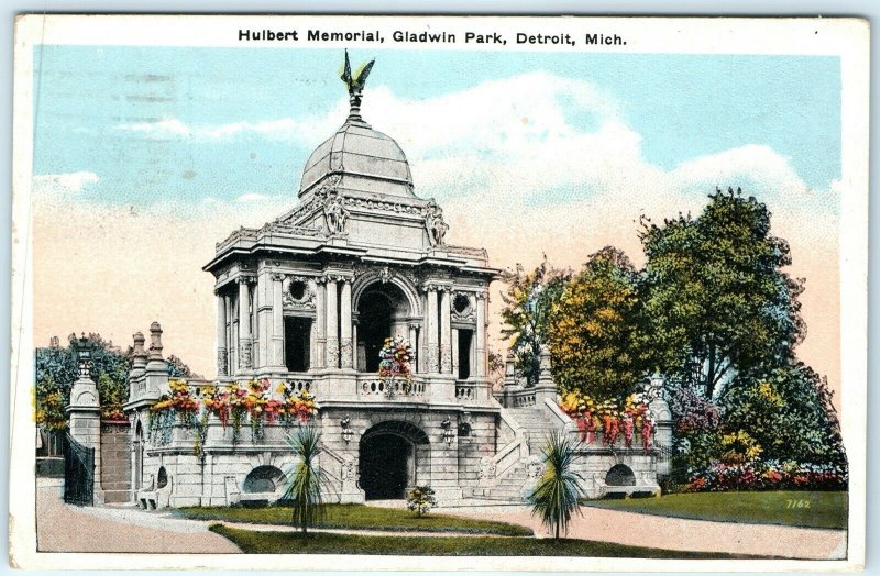 1922 Detroit, Mich. Hulbert Memorial Gladwin Park Litho Photo Postcard Aero A23