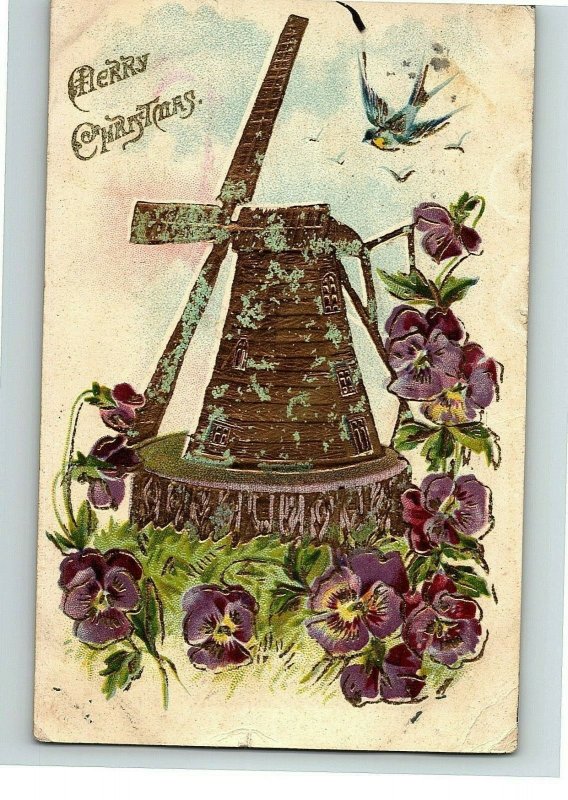 1907 Christmas Postcard Windmill Purple Flowers Embossed Antique Gold Foil Bird