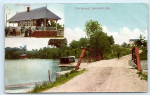 OKAUCHEE, WI ~ RAILROAD DEPOT & BRIDGE Scenes 1907 Waukesha County Postcard