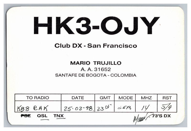 Postcard QSL CB Ham Radio Amateur Card From Santafe De Bogota Columbia HK3-OJY