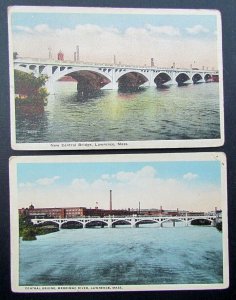 2 VINTAGE POSTCARDS CENTRAL BRIDGE LAWRENCE MASSACHUSETTS railroad railway train
