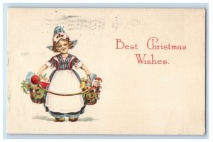 1915 Christmas Wishes Dutch Girl Dress Apron With Toys Holly Berries Postcard 