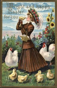 Easter Fashionable Woman Greets Chicks Vintage Fashion Pre-1910 Postcard