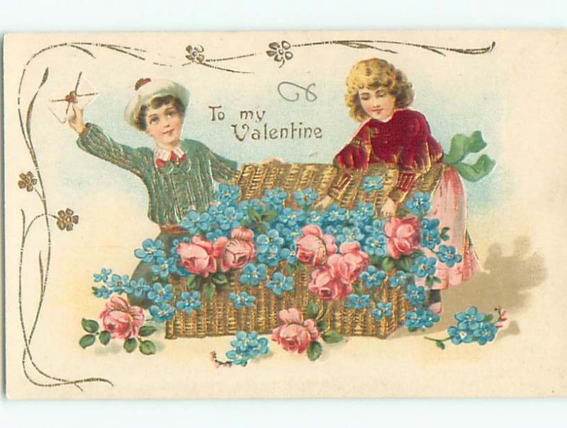 Unused Pre-Linen valentine CUTE GIRL OPENS BASKET OF FLOWERS BESIDE BOY k9244