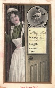 1911 It's a Girl, Nurse, Baby Time Weight Length, Bird, Vintage Postcard