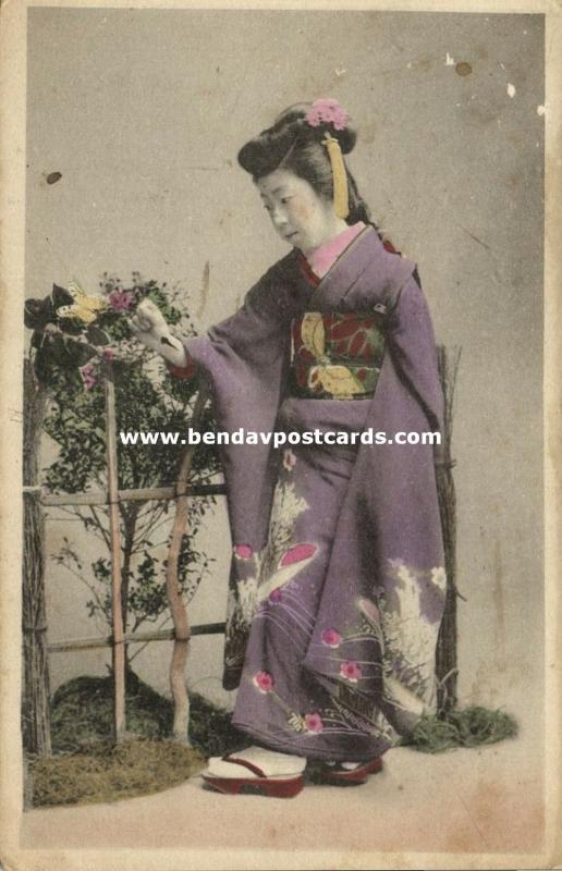 japan, Geisha Lady in Kimono on Cloggs looking at Butterfly (1919)