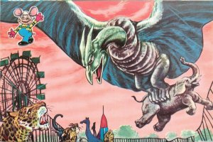 Vintage Postcard Kaiju Japanese Monster Movie Flying Dragon Grabs Elephant