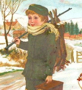 1880s Victorian Christmas Card Winter Adorable Child Dead Rabbits 7D