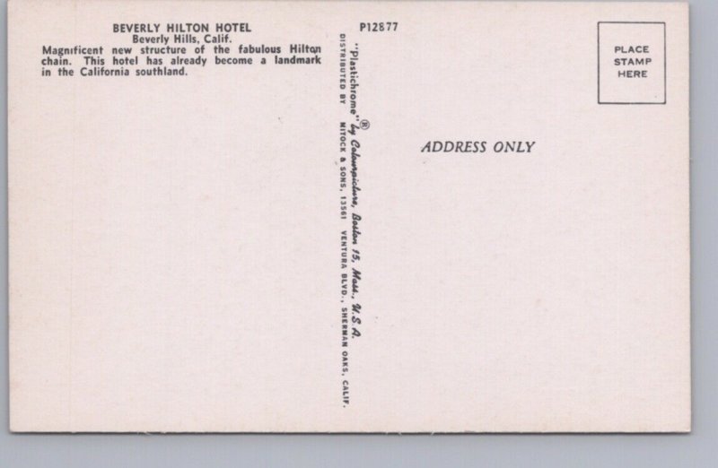 Beverly Hilton Hotel, Beverly Hills, California, Vintage Chrome Postcard
