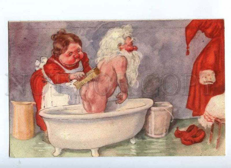 189506 Bathing Nude Gnome SANTA CLAUS old Colorful NEW YEAR PC