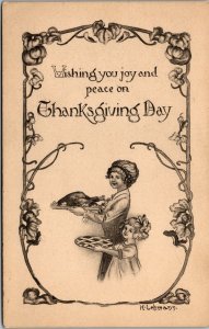 Vtg Thanksgiving Greetings Artist-Signed H. Lehmann 1910s Bergman Postcard