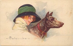 Italian illustrator E. Colombo art nouveau lady and dog portrait