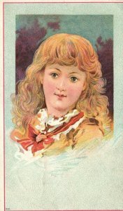 1880s-90s Young Girl Blonde Curly Hair Colorful Trade Card