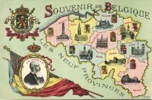 belgium, King Leopold II, Les Neuf Provinces (1905) Map Postcard