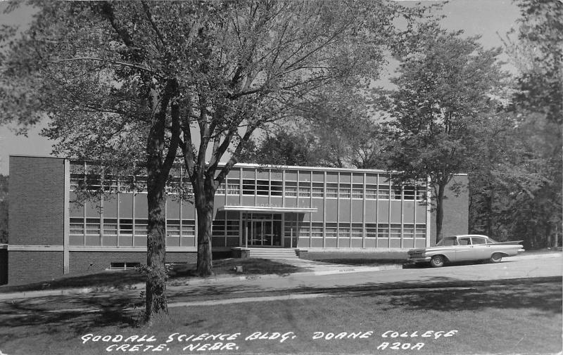 Crete Nebraska~Doane College-Goodall Science Building~50s Car~RPPC-Postcard A20A