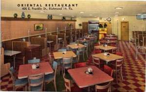 Postcard VA Richmond Oriental Restaurant Interior Franklin Street LINEN 1957 S95