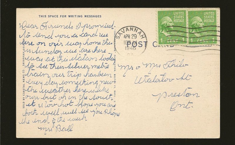 USA Postmark 1946 Savannah GA Union Station Savanna Linen Postcard