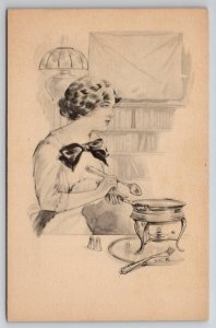 Pink of Perfection Pretty Lady Chafing Dish Sketch Style A/S Postcard L36