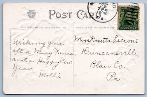 1908 A VERY HAPPY CHRISTMAS GOLD BELLS HOLLY RIBBON EMBOSSED ANTIQUE POSTCARD