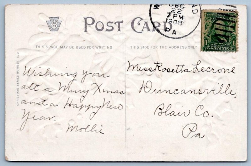 1908 A VERY HAPPY CHRISTMAS GOLD BELLS HOLLY RIBBON EMBOSSED ANTIQUE POSTCARD