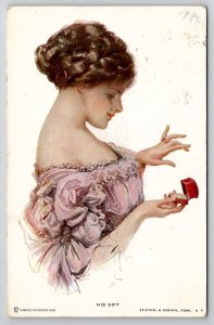 Pretty Woman Harrison Fisher His Gift Put A Ring on it Postcard D29