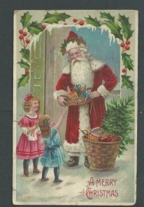 Ca 1906 Xmas Greeting W/Santa Giving Gifts To Children  Emb Tear On Left Side