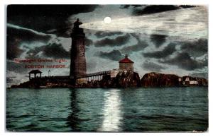 Early 1900s Graves Light in the Moonlight, Boston Harbor, MA Postcard