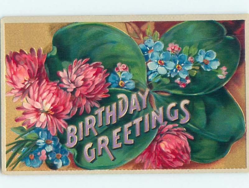 Pre-Linen BIRTHDAY GREETING IN LARGE LETTERS - WITH FORGET-ME-NOT FLOWERS HL5757