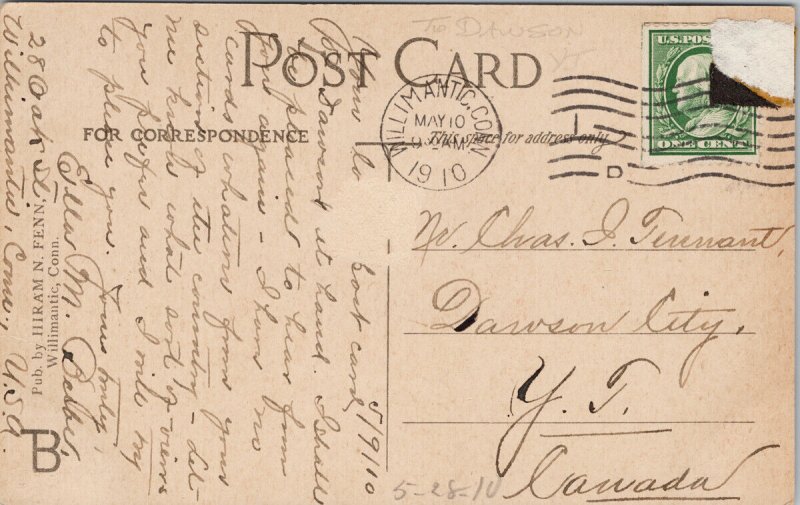 Windham High School Willimantic Connecticut CT c1910 to Dawson YT Postcard H5 