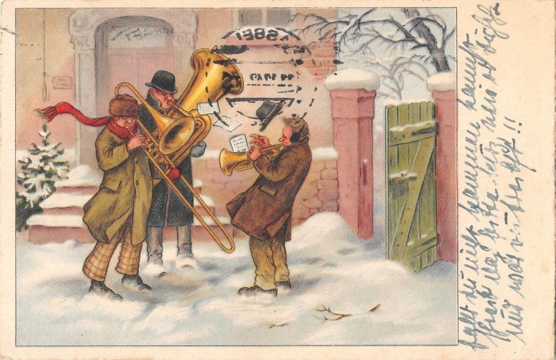 US3402 Merry Christmas, Musicians Trumpet Winter Happy New Year Artist signed