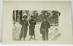 RPPC Young Men Shoveling Snow Not to Thrilled Real Photo Postcard J5