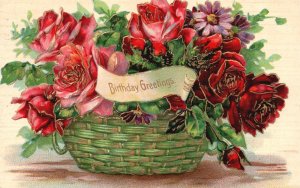 Vintage Postcard 1909 Birthday Greetings Flower Basket Roses Large Print