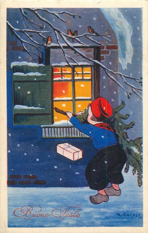 Winter seasonal greetings 1930s artist signed postcard dutch boy Christmas tree
