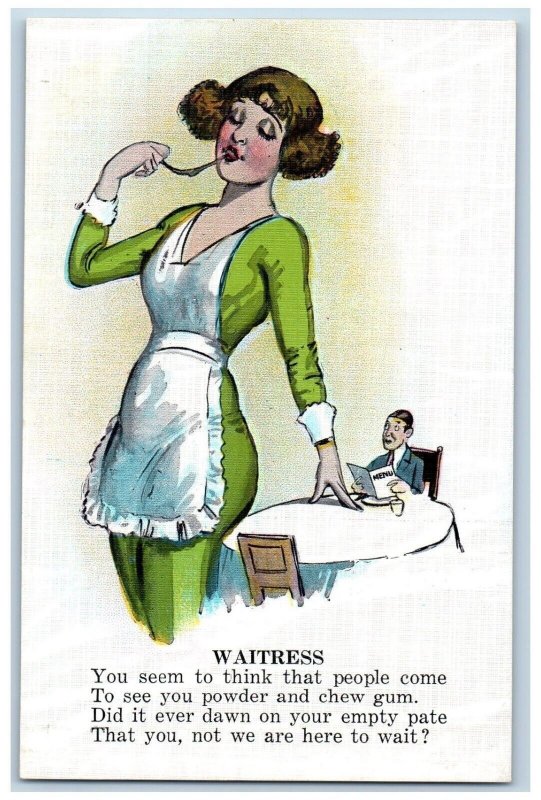 Waitress With Gum Postcard Man Holding Menu You Seem To Think That People Come