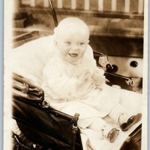 c1910s Cute Happy Baby RPPC Smiling Laughing Little Boy Girl Child Stroller A187