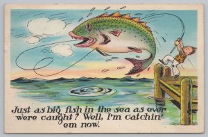 Linen~Just As Big Fish In The Sea As Ever~Catchin 'Em Now~Man w/Big Fish~Vtg PC