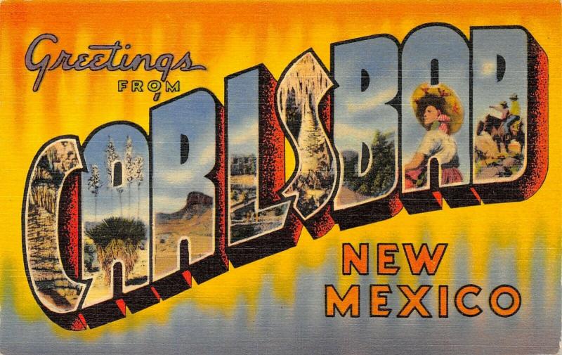 Carlsbad New Mexico~Large Letter Linen Postcard~Caves~Yucca~Desert~Cowboys~1940s 