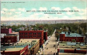 Postcard MI Kalamazoo Bird's Eye View National Bank & Bijou Theatre 1909 S87