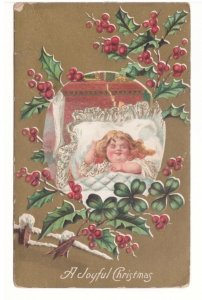 A Joyful Christmas, Young Girl In Bed, Holly, Vintage 1909 Embossed Postcard