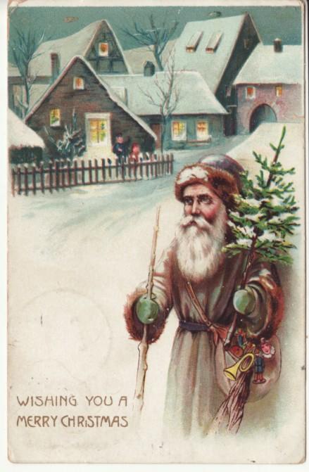 CHRISTMAS   SANTA in OLIVE COAT / VILLAGE 1907 postcard