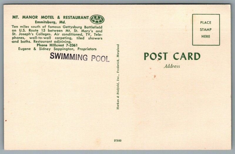 Postcard Emmitsburg MD c1960s Mt. Manor & Motel Restaurant Pool US Route 15 Cars