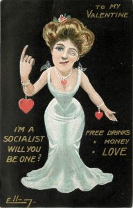 Postcard Signed Artist Ellam 2015 Valentines Drunk Woman Socialist Free Love