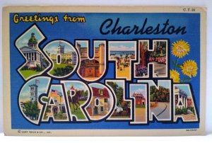 Greetings From Charleston South Carolina Large Letter Linen Postcard Curt Teich