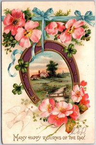 Many Happy Returns of the Day, Horseshoe, Countryside Scene Pink Roses, Postcard