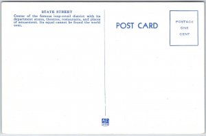 VINTAGE POSTCARD STATE STREET SCENE AT CHICAGO ILLINOIS TRAMS CLOCK SIGNAGE 1930