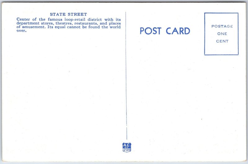 VINTAGE POSTCARD STATE STREET SCENE AT CHICAGO ILLINOIS TRAMS CLOCK SIGNAGE 1930