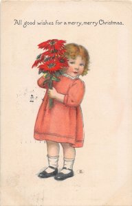 Girl with Red Flowers Merry Christmas 1916 postcard