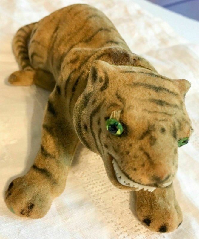 Vintage Felt Tiger Bobble Nodding Head 8” Green Eyes Teeth Unusual   SKU 043-106